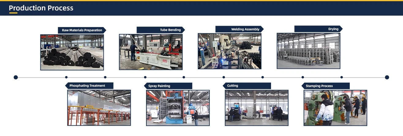 Modern conference chair production process including raw material preparation, tube bending, welding, phosphating, spray painting, cutting, stamping, and drying Modern conference chair production process including raw material preparation, tube bending, welding, phosphating, spray painting, cutting, stamping, and drying